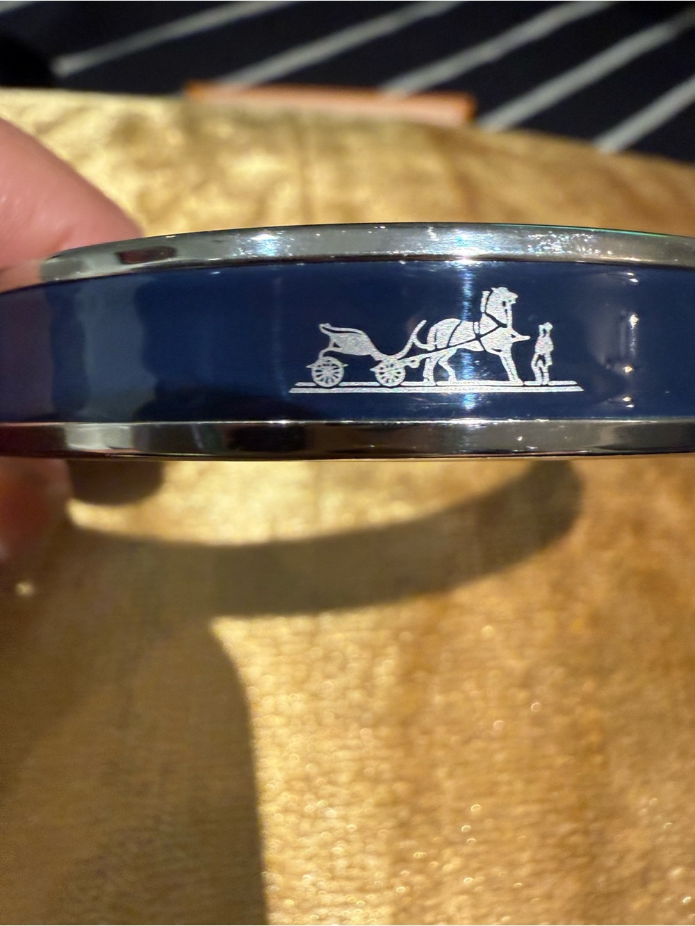Hermes Navy Blue Enamel Bangle with Silver Horse Carriage Motif